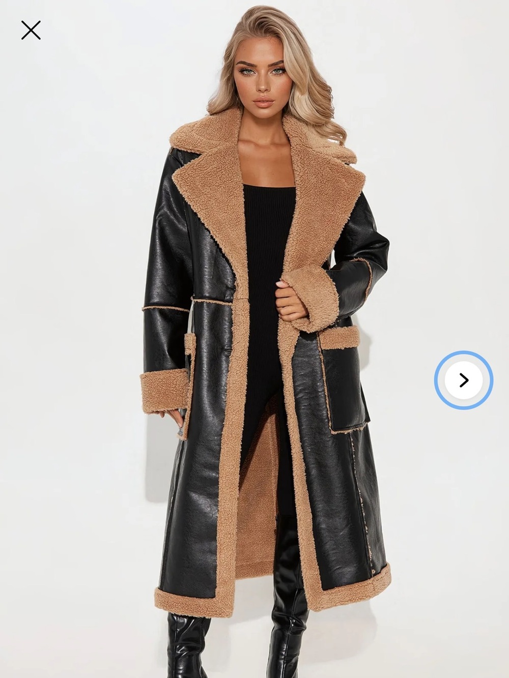 Faux Leather Long trench Coat - Black/Tan